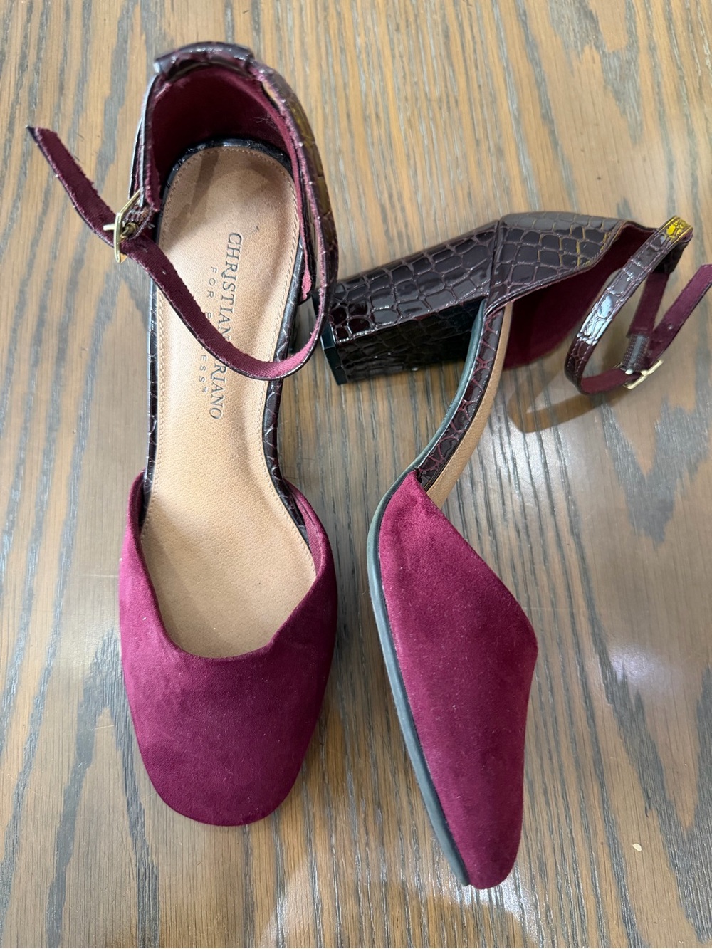 Christian Siriano Burgundy Suede Pointed Block Heel with Croc Ankle Strap